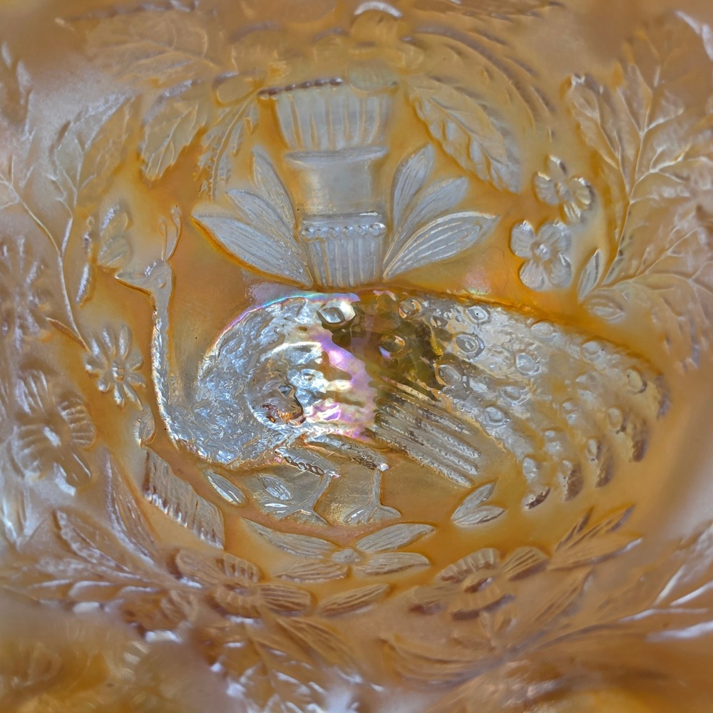 Carnival Glass Peacock at the Urn Marigold Iridescent‎ Ruffled Compote